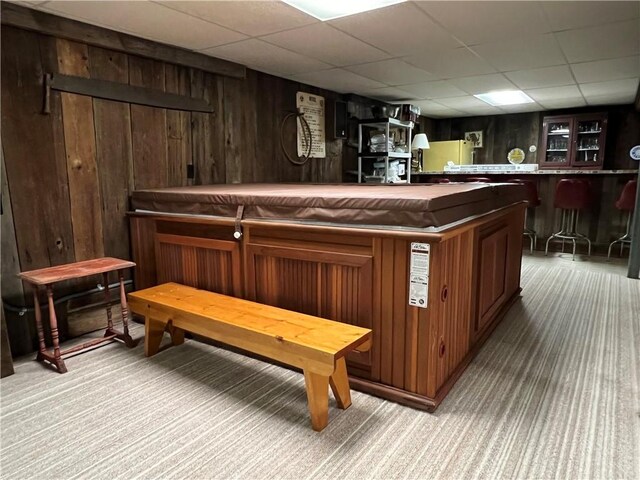 8584 Vieley Rd, Campbell, NY 14821 - indoor dry bar with carpet floors, wood walls, and a drop ceiling