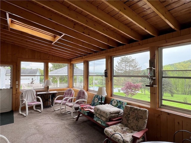 8584 Vieley Rd, Campbell, NY 14821 - sunroom with plenty of natural light, vaulted ceiling, carpet flooring, and wooden walls