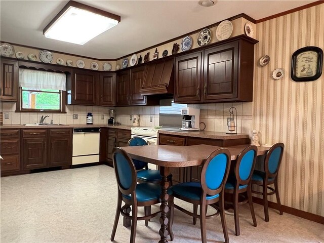 8584 Vieley Rd, Campbell, NY 14821 - kitchen featuring dishwasher, a sink, wallpapered walls, premium range hood, and dark brown cabinets