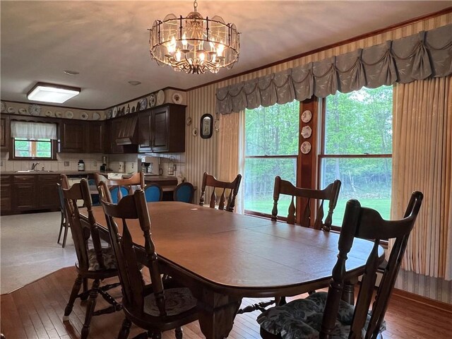 8584 Vieley Rd, Campbell, NY 14821 - dining room featuring a chandelier, light wood-type flooring, and healthy amount of natural light