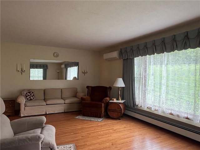 8584 Vieley Rd, Campbell, NY 14821 - living room with baseboard heating, a wall mounted AC, and light wood-style flooring