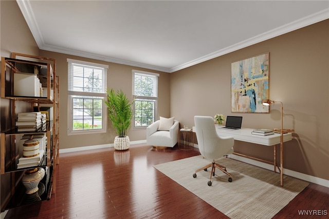 office space with baseboards, wood finished floors, and ornamental molding