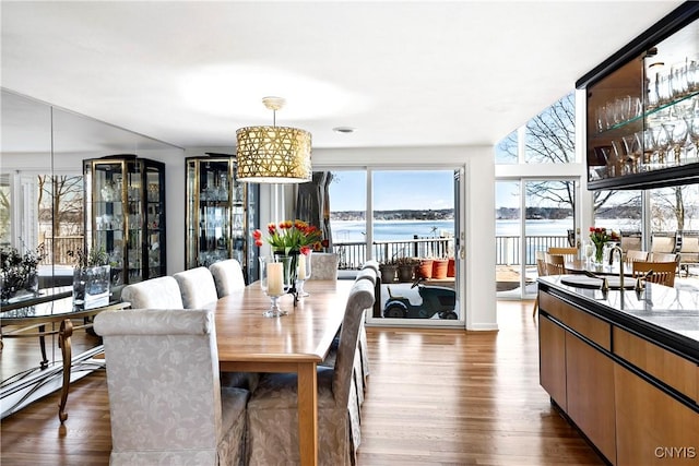 5598 Buck Point Rd, Fleming, NY 13021 - dining area with dark wood-type flooring and a water view