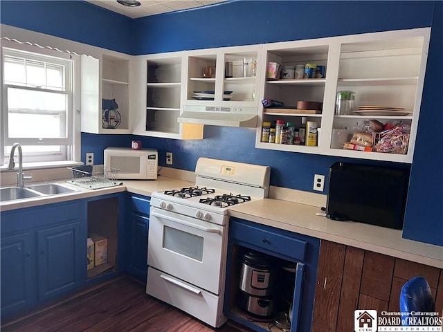 417 Charles St, Jamestown, NY 14701 - kitchen with under cabinet range hood, white appliances, open shelves, blue cabinets, and a sink