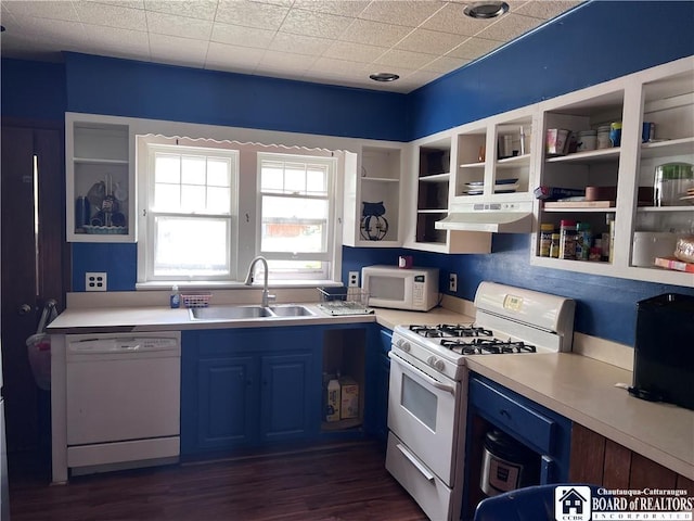 417 Charles St, Jamestown, NY 14701 - kitchen featuring white appliances, blue cabinets, a sink, under cabinet range hood, and light countertops