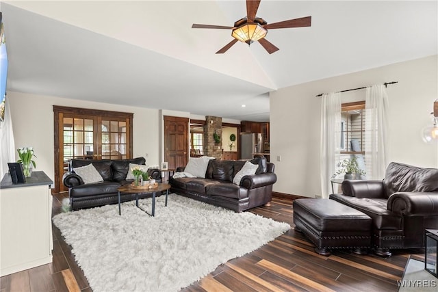 60 Kettle Run, Elma, NY 14052 - living room with ceiling fan, healthy amount of natural light, dark wood-type flooring, and vaulted ceiling