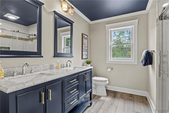 60 Kettle Run, Elma, NY 14052 - bathroom featuring double vanity, a tile shower, and crown molding