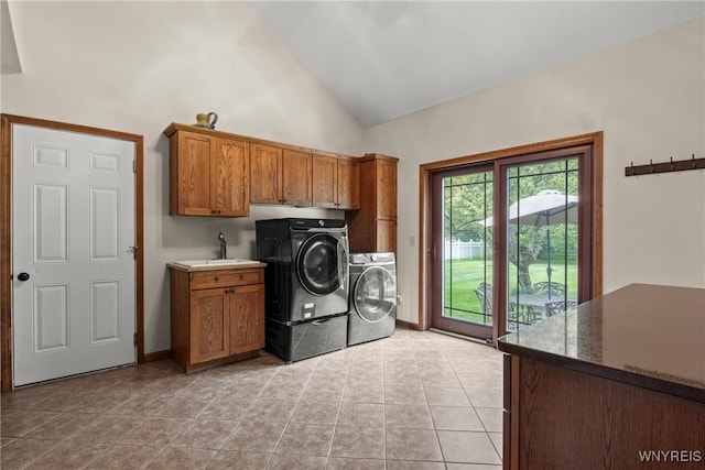 60 Kettle Run, Elma, NY 14052 - laundry area with washing machine and clothes dryer, cabinet space, light tile patterned floors, and a high ceiling