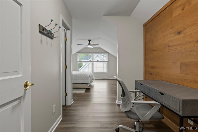 60 Kettle Run, Elma, NY 14052 - office area featuring lofted ceiling, ceiling fan, and dark wood-style floors
