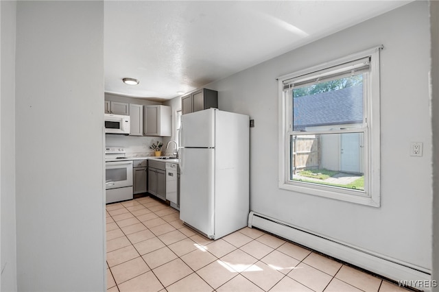 4233 Crescent Dr, Niagara Falls, NY 14305 - kitchen featuring white appliances, baseboard heating, gray cabinetry, a sink, and light countertops