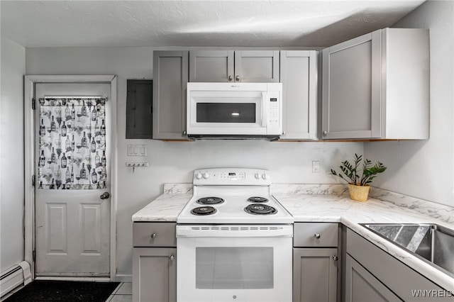 4233 Crescent Dr, Niagara Falls, NY 14305 - kitchen featuring white appliances, gray cabinets, a baseboard heating unit, and light countertops