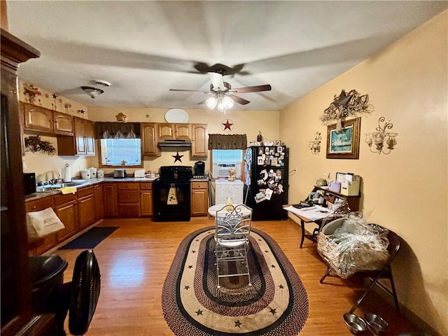 99 N Main St, Mount Morris, NY 14510 - kitchen featuring black appliances, under cabinet range hood, light wood-style floors, a sink, and ceiling fan