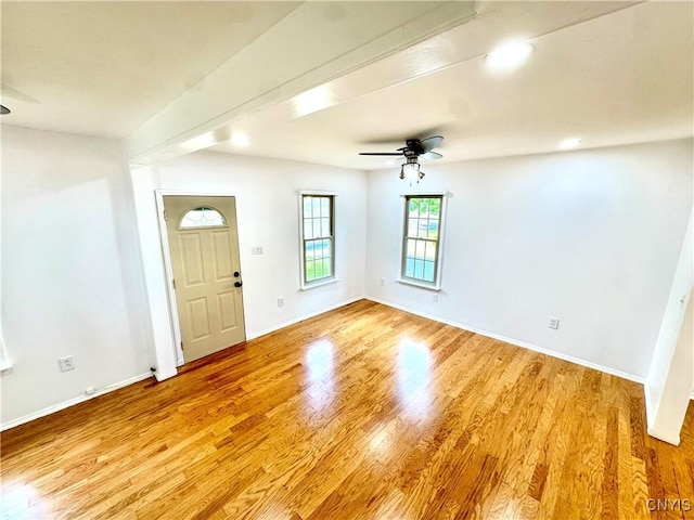 entryway with a ceiling fan, light wood-style flooring, baseboards, and recessed lighting