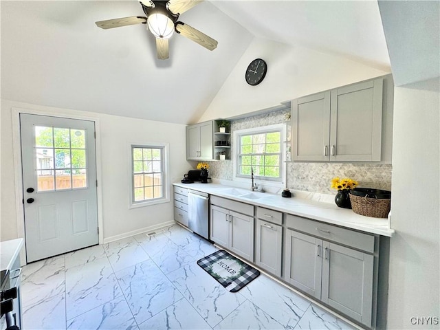 kitchen with gray cabinetry, dishwasher, a sink, light marble finish floors, and open shelves