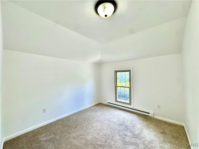 bonus room featuring baseboard heating, carpet flooring, baseboards, and vaulted ceiling