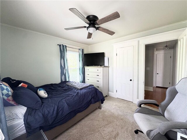 7 Macdougall St, Auburn, NY 13021 - bedroom featuring ornamental molding, ceiling fan, light colored carpet, and baseboards