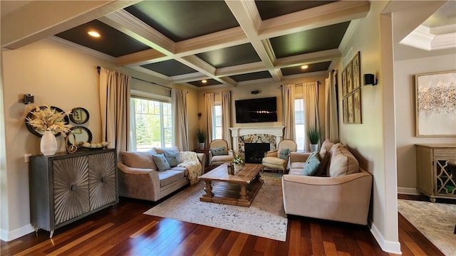 31 Putney Pl, Greece, NY 14468 - living room featuring a fireplace, dark wood finished floors, ornamental molding, baseboards, and beamed ceiling