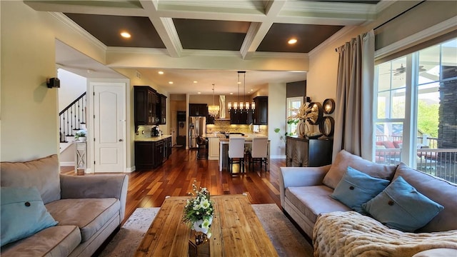 31 Putney Pl, Greece, NY 14468 - living room featuring a chandelier, coffered ceiling, dark wood-style flooring, beamed ceiling, and ornamental molding