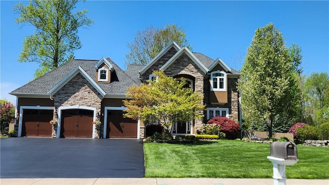 31 Putney Pl, Greece, NY 14468 - view of front of home featuring stone siding, asphalt driveway, a garage, and a front lawn