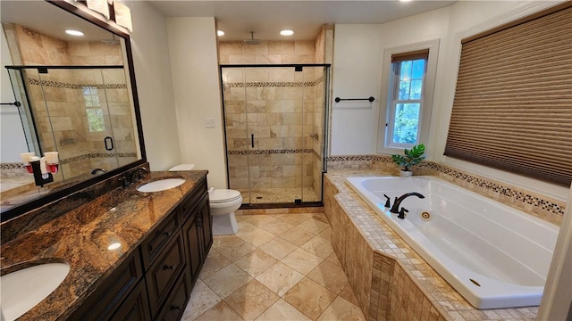 31 Putney Pl, Greece, NY 14468 - bathroom with a whirlpool tub, a shower stall, double vanity, toilet, and recessed lighting