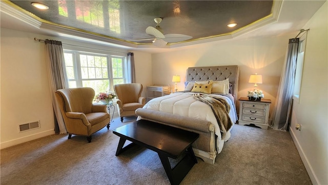 31 Putney Pl, Greece, NY 14468 - bedroom featuring a tray ceiling, baseboards, carpet flooring, ornamental molding, and ceiling fan