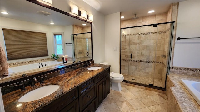 31 Putney Pl, Greece, NY 14468 - full bathroom with a garden tub, a stall shower, toilet, double vanity, and recessed lighting