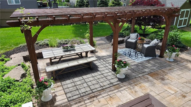 31 Putney Pl, Greece, NY 14468 - view of patio with a pergola, outdoor dining area, an outdoor living space, and a storage unit