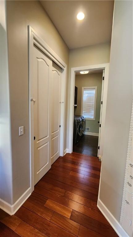 31 Putney Pl, Greece, NY 14468 - corridor featuring baseboards, dark wood-type flooring, independent washer and dryer, and recessed lighting