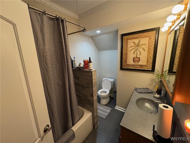 9 N Hartland St, Royalton, NY 14105 - bathroom with vanity, toilet, tile patterned floors, crown molding, and shower / bathtub combination with curtain
