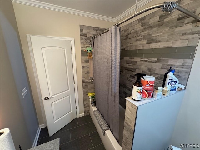 9 N Hartland St, Royalton, NY 14105 - full bathroom with tile patterned floors, shower / bath combo with shower curtain, crown molding, and baseboards