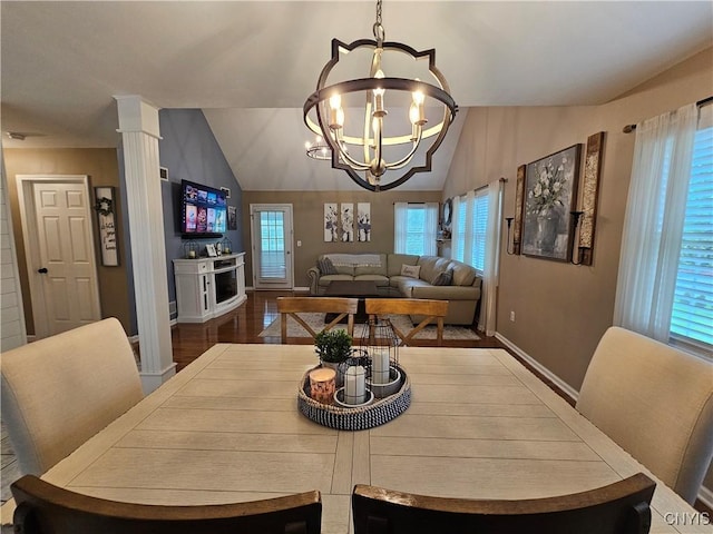 108 Sunflower Cir, Frankfort, NY 13340 - dining room with a chandelier, lofted ceiling, baseboards, and dark wood-style flooring