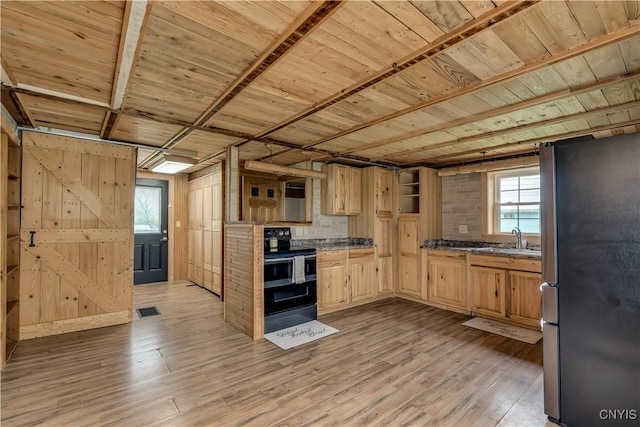 20304 Burton Rd, Hounsfield, NY 13685 - kitchen featuring freestanding refrigerator, electric range, light brown cabinetry, a sink, and light wood-type flooring