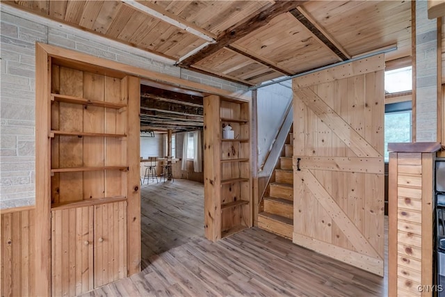 20304 Burton Rd, Hounsfield, NY 13685 - hall with wood finished floors, stairway, and wooden ceiling