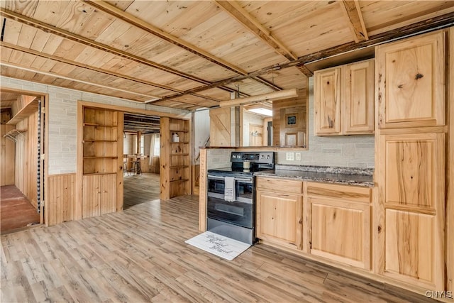 20304 Burton Rd, Hounsfield, NY 13685 - kitchen with stainless steel electric range, light brown cabinetry, light wood-type flooring, wood walls, and wooden ceiling