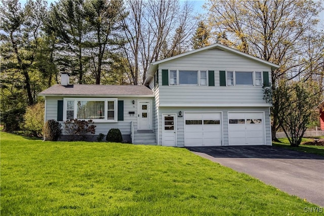 18 Court Knolle, New Hartford, NY 13413 - split level home with a garage, a chimney, asphalt driveway, and a front lawn