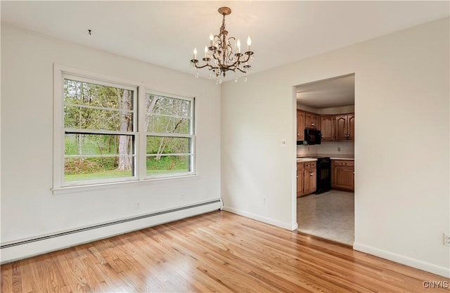 18 Court Knolle, New Hartford, NY 13413 - unfurnished dining area with baseboard heating, a chandelier, light wood-style flooring, and baseboards