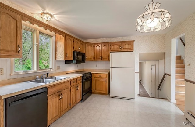 18 Court Knolle, New Hartford, NY 13413 - kitchen with black appliances, a sink, light countertops, brown cabinetry, and wallpapered walls