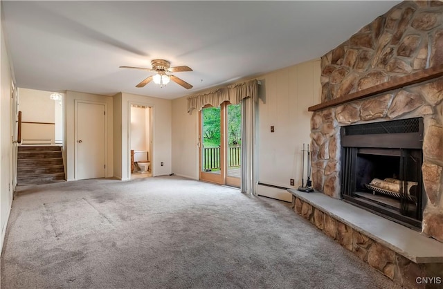 18 Court Knolle, New Hartford, NY 13413 - unfurnished living room with a ceiling fan, a baseboard radiator, carpet floors, and stairs
