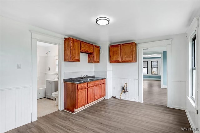 kitchen featuring a sink, wood finished floors, brown cabinets, dark countertops, and a wainscoted wall