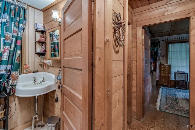 bathroom featuring a sink, wood finished floors, and wooden walls