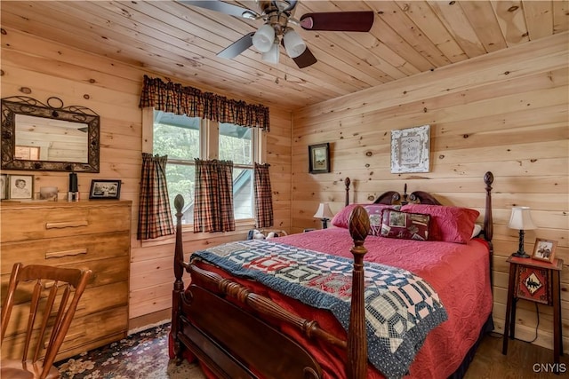 bedroom featuring wood ceiling, wood walls, wood finished floors, and a ceiling fan