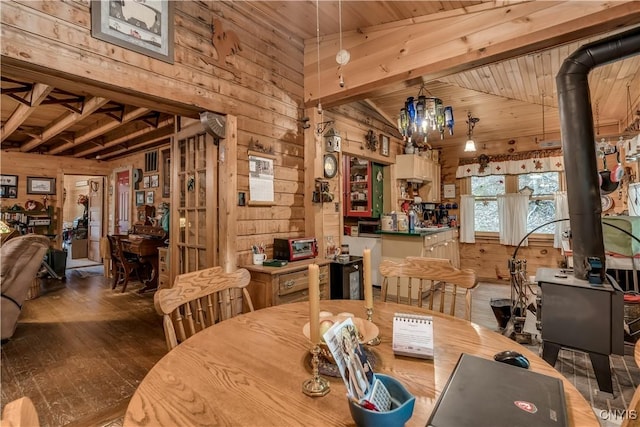 dining room with a wood stove, wooden walls, hardwood / wood-style flooring, and wood ceiling