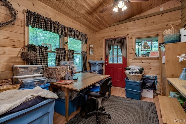 office space featuring lofted ceiling, wooden ceiling, light wood-style flooring, wooden walls, and a ceiling fan
