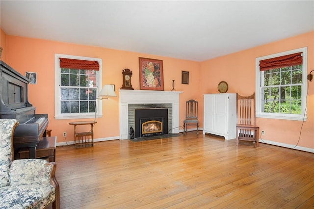 living area featuring light wood-style flooring, healthy amount of natural light, and a fireplace with flush hearth