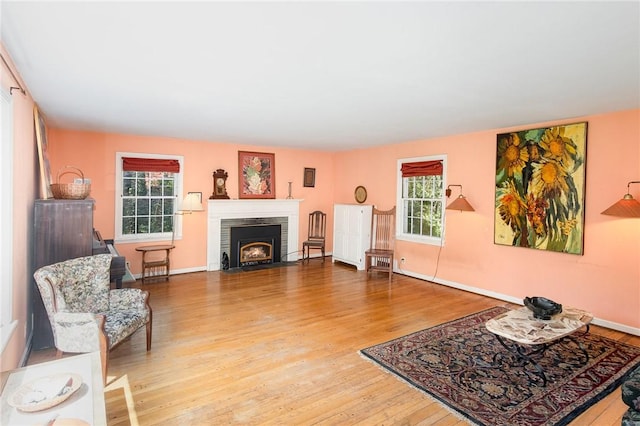 living area featuring wood finished floors, healthy amount of natural light, a fireplace, and baseboards