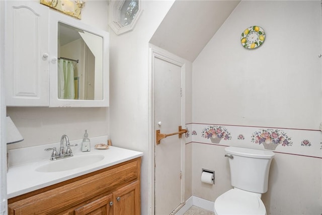 full bathroom featuring toilet, vanity, and vaulted ceiling