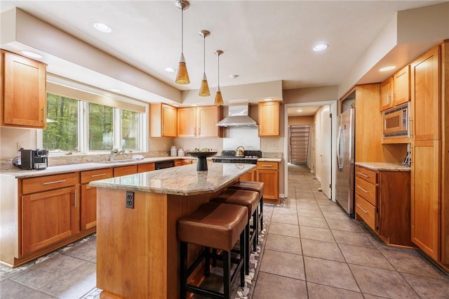 7 Mount View Cres, Penfield, NY 14580 - kitchen with appliances with stainless steel finishes, a center island, wall chimney range hood, a kitchen breakfast bar, and light tile patterned floors