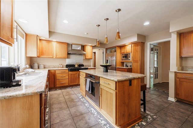 7 Mount View Cres, Penfield, NY 14580 - kitchen featuring appliances with stainless steel finishes, wall chimney exhaust hood, a center island, light stone counters, and recessed lighting