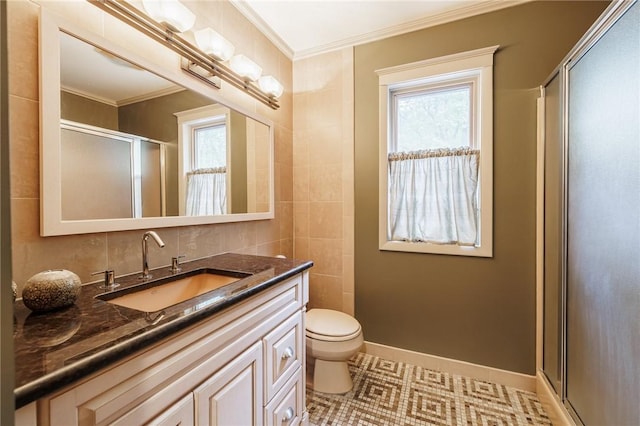 7 Mount View Cres, Penfield, NY 14580 - full bathroom featuring a shower stall, crown molding, toilet, vanity, and baseboards