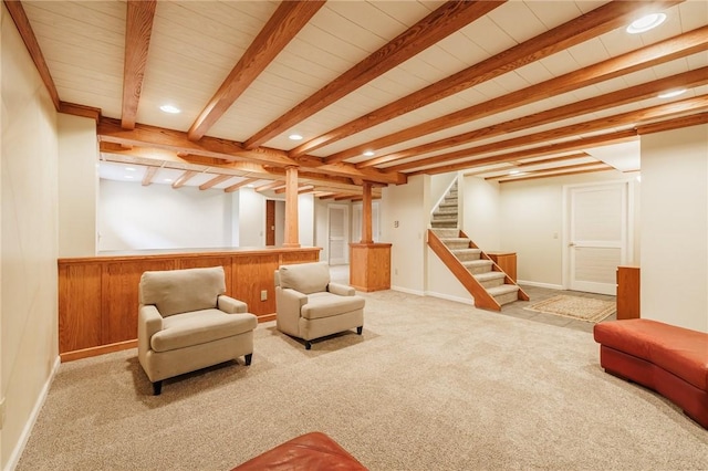 7 Mount View Cres, Penfield, NY 14580 - living area featuring carpet flooring, beamed ceiling, recessed lighting, stairs, and a wainscoted wall